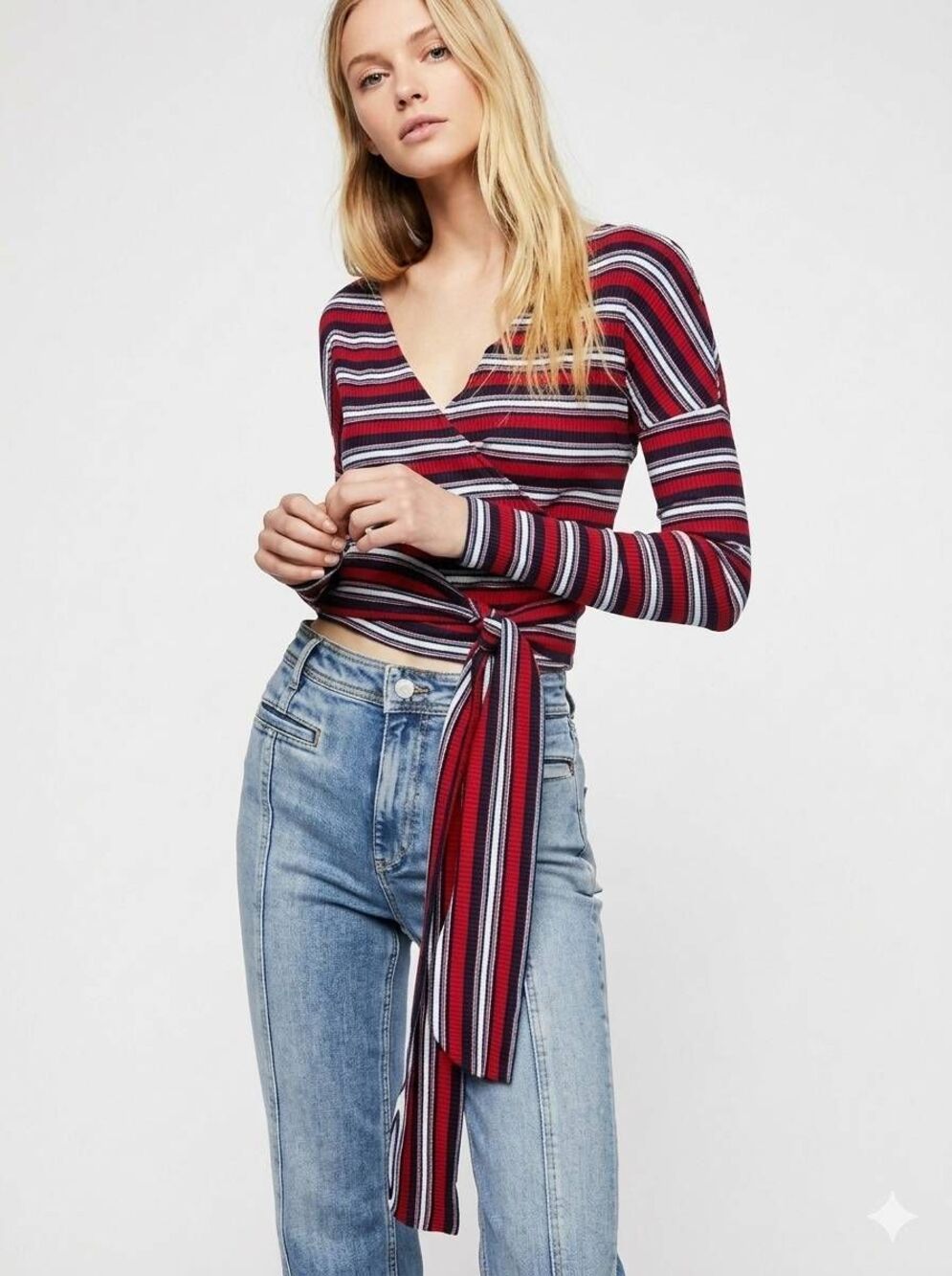 🔸️Free People Red & Blue Striped Always With Me Crop Long Sleeve Top Small